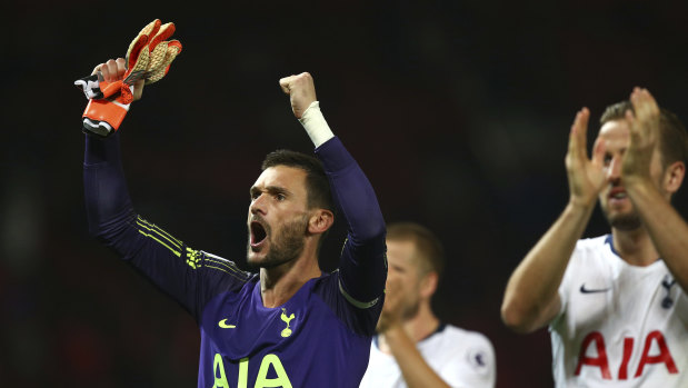Commanding: Tottenham goalkeeper Hugo Lloris celebrates after the Premier League victory over United at Old Trafford.