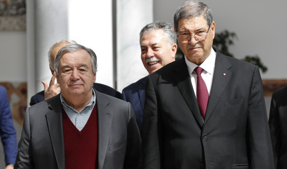 UN Secretary-General Antonio Guterres pictured with Tunisian presidential adviser for political affairs Habib Essid. Mr Guterres told the meeting of the Arab League that the Golan Height remained "occupied territory".