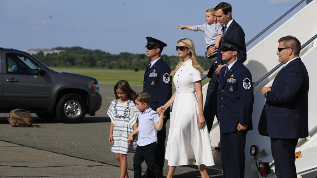Ivanka Trump and White House Senior Adviser Jared Kushner and their children Arabella, Joseph and Theodore Kushner, disembark Air Force One.