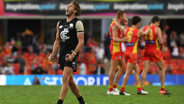 Daisy pain: Carlton's Dale Thomas can't believe it after Gold Coast snatch victory in the dying seconds at Metricon Stadium.