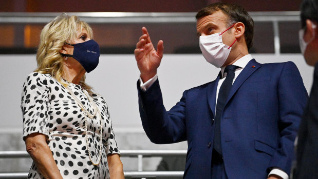 US First Lady Jill Biden and French President Emmanuel Macron at the Olympics Opening Ceremony in Tokyo
