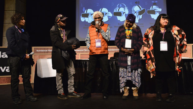  Lynette Wallworth, far right, at the  Collisions' premiere, Eqyptian Theatre, Sundance Film Festival.