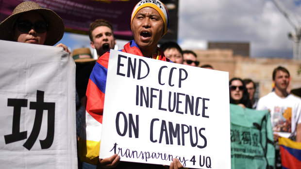 Hundreds of students protested against funding agreements between Australian universities and the Confucius Institute. 
