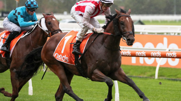Mark Zahra rides Super Seth to victory in the Manfred Stakes at Caulfield.