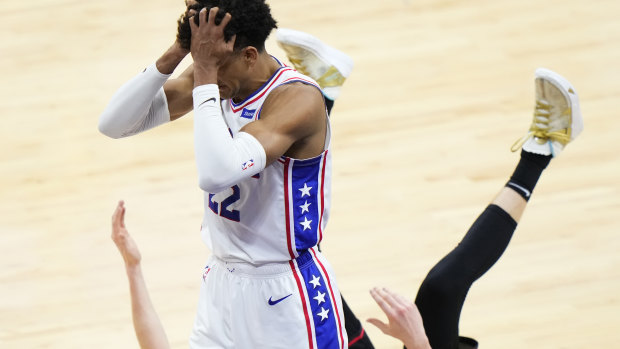 Ben Simmons’ Philadelphia 76ers and Boomers teammate Matisse Thybulle reacts after fouling the Hawks’ Kevin Huerter during game seven. 