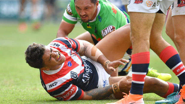 Wounded bird: Latrell Mitchell in pain after appearing to get injured while crossing for a try.
