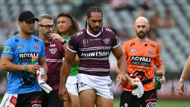 Marty Taupau lasted 90 seconds before suffering a back injury during a horror night for Manly.
