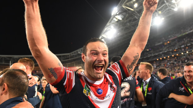 Boyd Cordner celebrates last year's grand final win over the Storm.