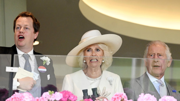 Tom Parker Bowles, Queen Camilla and 
King Charles at Royal Ascot in June.
