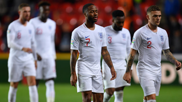 'If one person is abused then we all are': Raheem Sterling and Kieran Trippier after losing to Czech Republic at Sinobo Stadium. They will consider leaving the field if any of the England team are subjected to fan racism against Bulgaria.