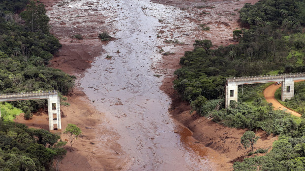An aerial view shows a destroyed bridge after a dam collapsed in Brumadinho, Brazil.