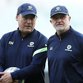 Graham Arnold with Rene Meulensteen, who will take charge of the Socceroos this week in Melbourne.