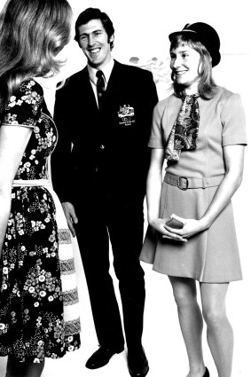 Lawrie Peckham and Raelene Boyle model the Australian Olympic uniform before the 1972 Olympics.