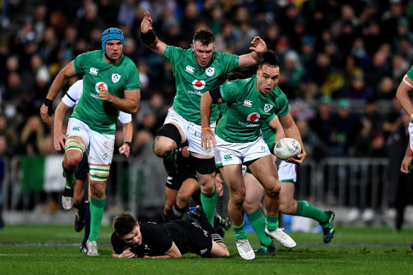 Ireland’s James Lowe breaks through the All Blacks defence.