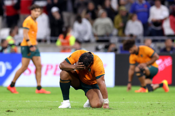Wallaby Pone Fa’amausili reacts following the Rugby World Cup match between Wales and Australia.
