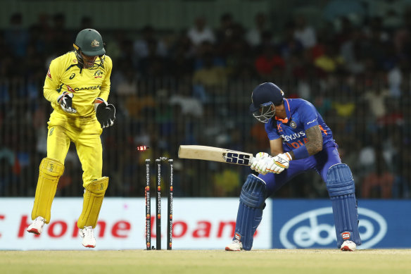 Suryakumar Yadav of India bowled out by Ashton Agar.