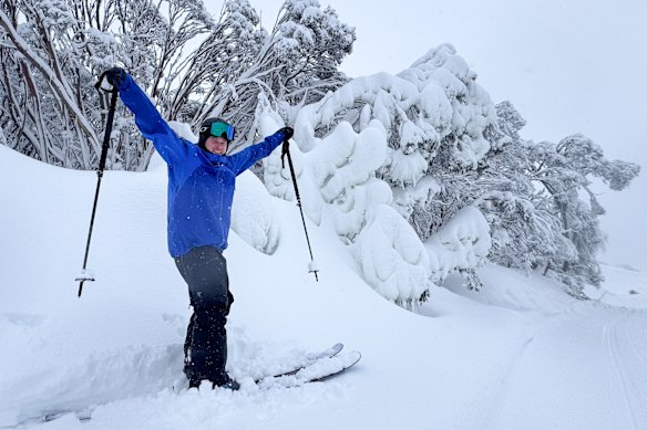 Drew Jolowicz, local Hotham skier (pictured), makes the most of fresh snow on June 9, 2025.
