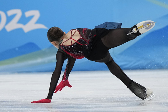 Kamila Valieva falls during the women’s free skate program on Thursday.