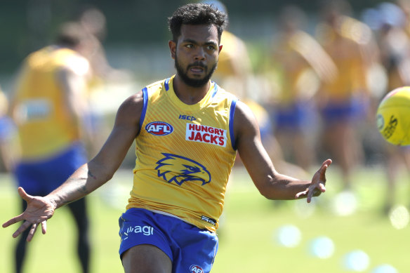 Willie Rioli at West Coast training earlier this week. He is now the subject of an AFL/ASADA investigation. 