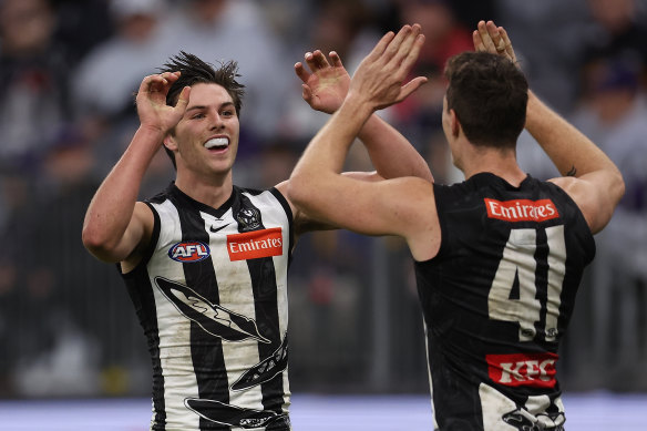 Oliver Henry celebrates a goal during Collingwood’s win over Fremantle.