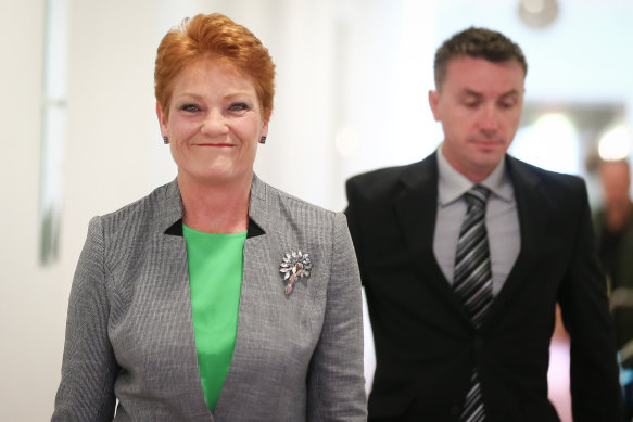 Pauline Hanson and James Ashby in the press gallery at Parliament House.