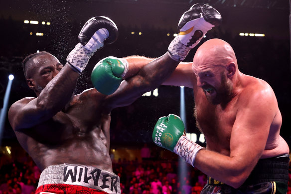 Fury lands a brutal right hook at the T-Mobile Arena in Las Vegas.