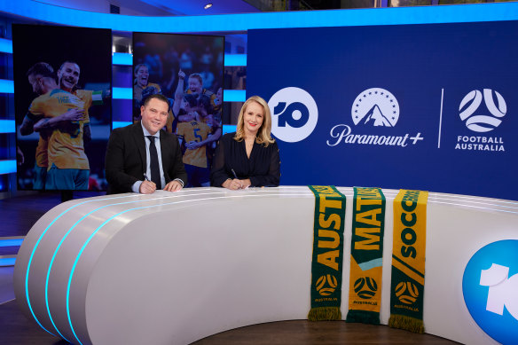 Football Australia chief executive James Johnson and Network 10 president Beverley McGarvey.