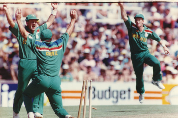 South African players celebrate at the 1992 World Cup.