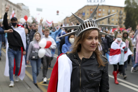 Tens of thousands continued to protest the official presidential election results in Minsk, Belarus, on Sunday, September 27