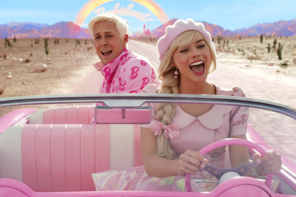 Ryan Gosling, left, and Margot Robbie in a scene from Barbie.