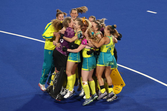 Australia celebrate their thrilling semi-final win.