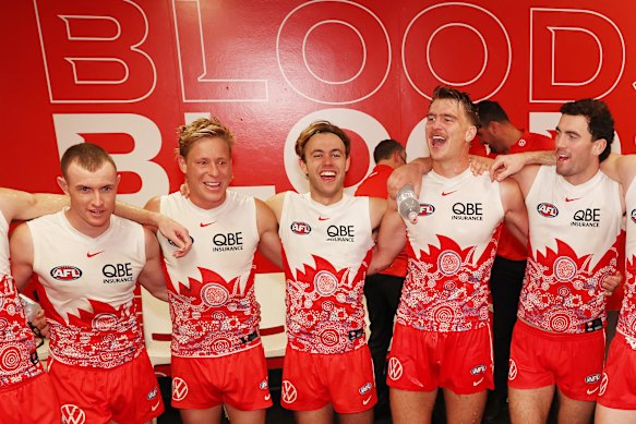 The Swans sing their song after Sunday’s win over Fremantle.