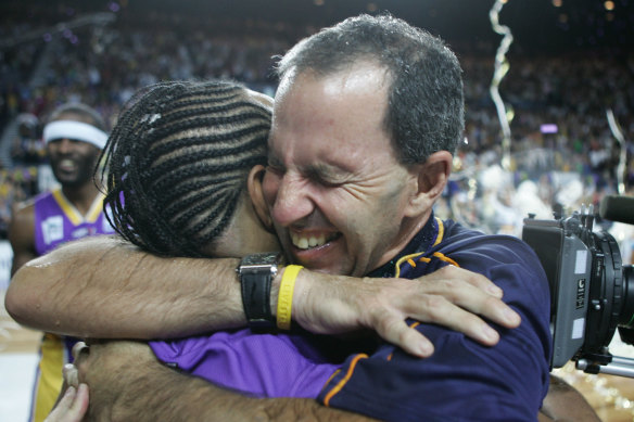 Brian Goorjian celebrates winning the 2005 NBL championship with the Kings.