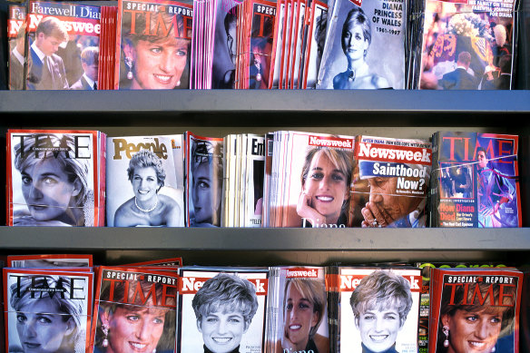A magazine rack display featuring Princess Diana after her death in 1997. 