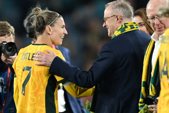 Prime Minister Anthony Albanese celebrated with Steph Catley after the Matildas’ first World Cup match in Sydney.