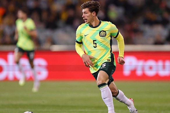 Jordan Bos gets Australia’s closest chance so far.