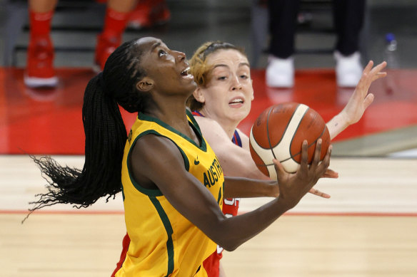 Ezi Magbegor of the Opals shoots against Breanna Stewart of the USA in Las Vegas. 