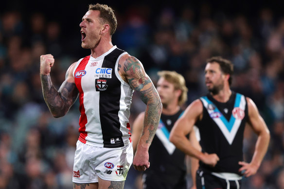 St Kilda forward Tim Membrey celebrates his goal.