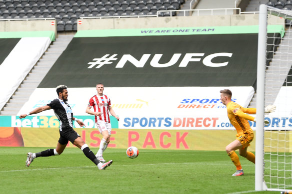 Joelinton scores for Newcastle United against Sheffield United at St James' Park on Sunday.