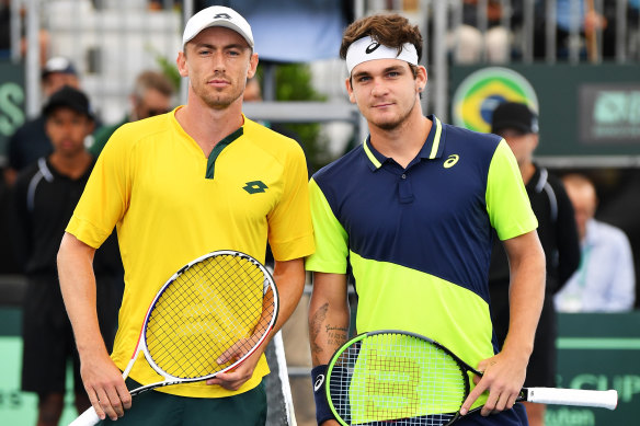 John Millman (left) and Thiago Seyboth Wild at the coin toss for their Davis Cup encounter in Adelaide in early March.