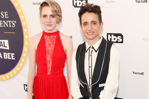 New Yorker reporter Masha Gessen with her daughter at the Not the White House Correspondents Dinner with Samantha Bee in 2017.
