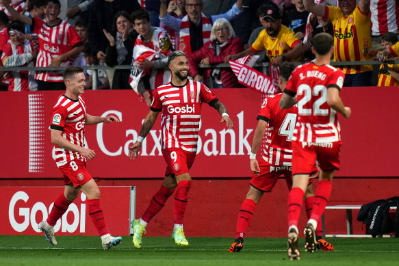 Valentin Castellanos celebrates the second of his four goals for Girona.