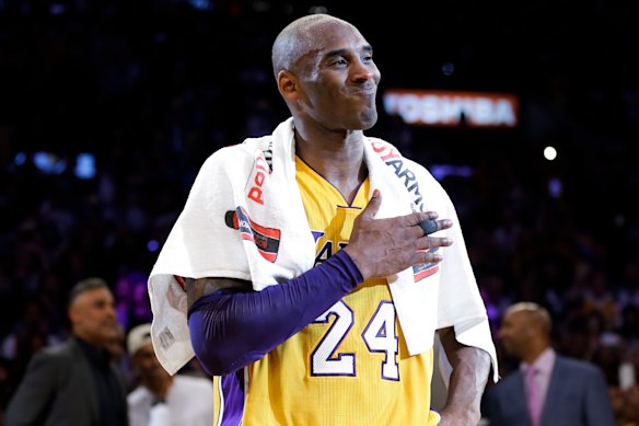 Kobe Bryant speaks to fans in LA after his final NBA game.