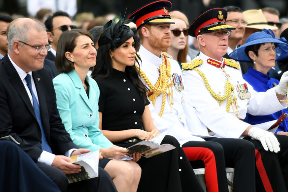 Official duties: Prince Harry, the Duke of Sussex, and his wife Meghan, the Duchess of Sussex, attend the official opening of Anzac Memorial at Hyde Park during their Australian tour. 