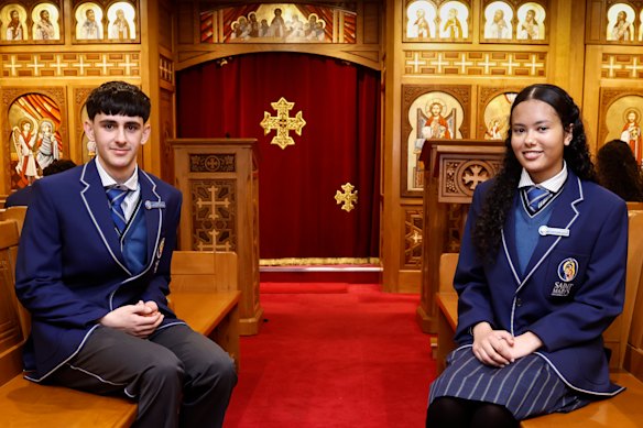 St Mary’s Coptic Orthodox College captains Paul Sulamain and Hiyab Asmelash in the chapel. Both have been at the college since early primary school. 