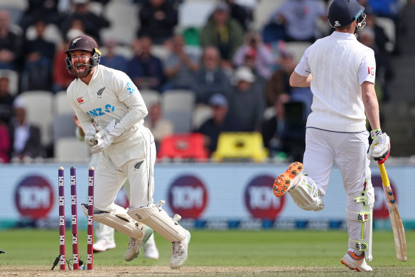 Got him: New Zealand’s Tom Blundell runs out Harry Brook.