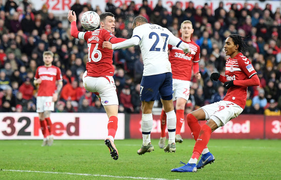 Lucas Moura scores for Spur against Middlesbrough in the FA Cup third round on Sunday.