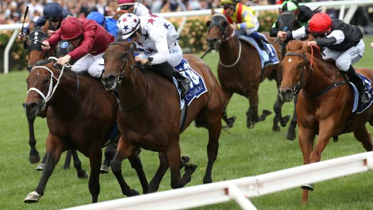 Sunlight ridden by Luke Currie (white cap with stars) upsets the males in the Coolmore Stud Stakes.