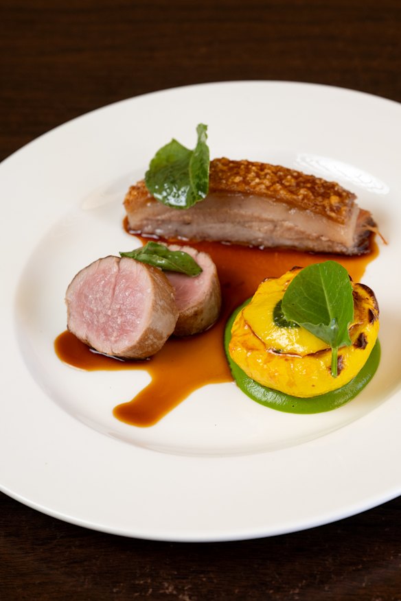 Pork loin and jowl, stuffed squash and cider sauce.