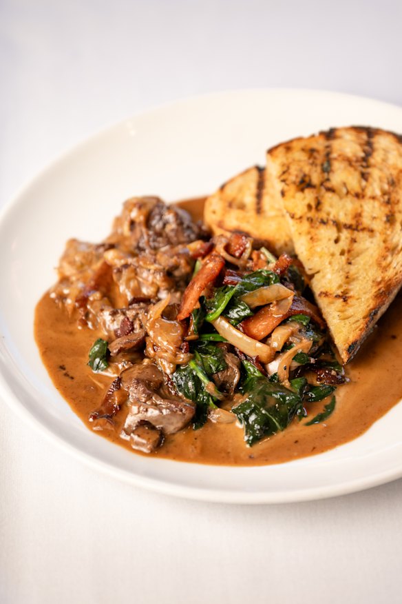 Chicken livers with marsala, bacon and spinach.
